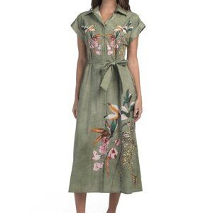 New MAGARI Short Sleeve Belted Midi Green Floral Dress Made In Italy Size M